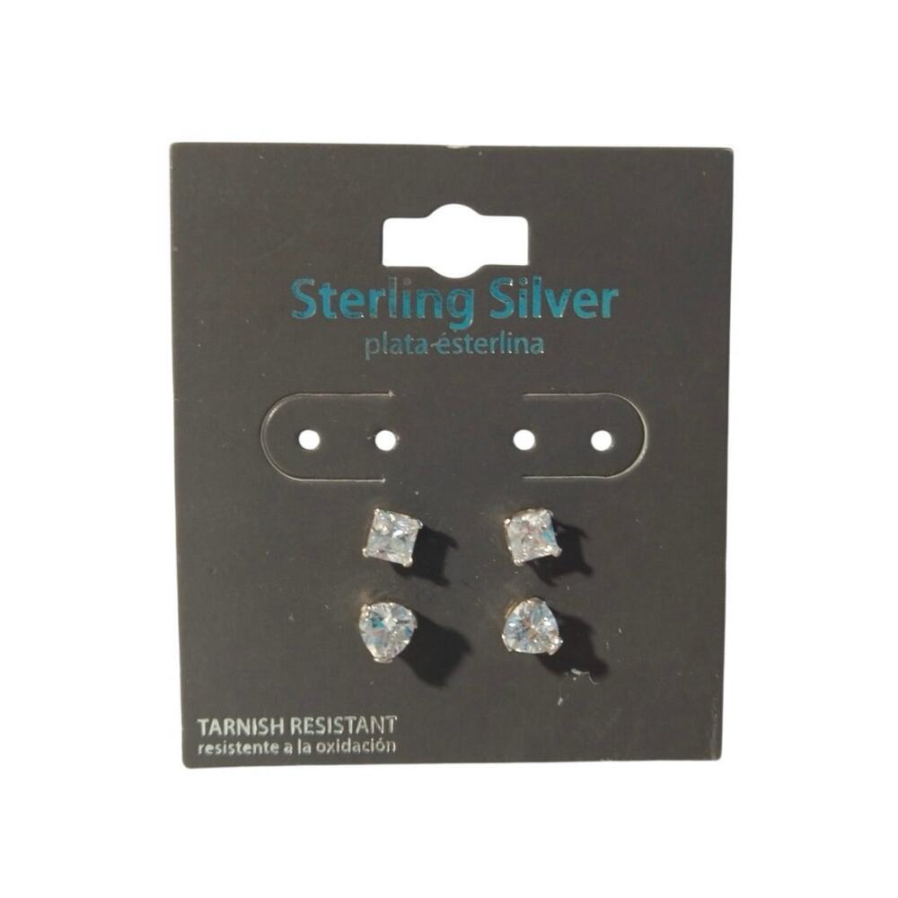 925 Sterling Silver Stud Earrings 2pcs Round/Trillion Cut CZ Posts